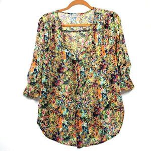 Necessary Clothing Sheer Floral Rouched Sleeve Blouse Multicolor Size Large